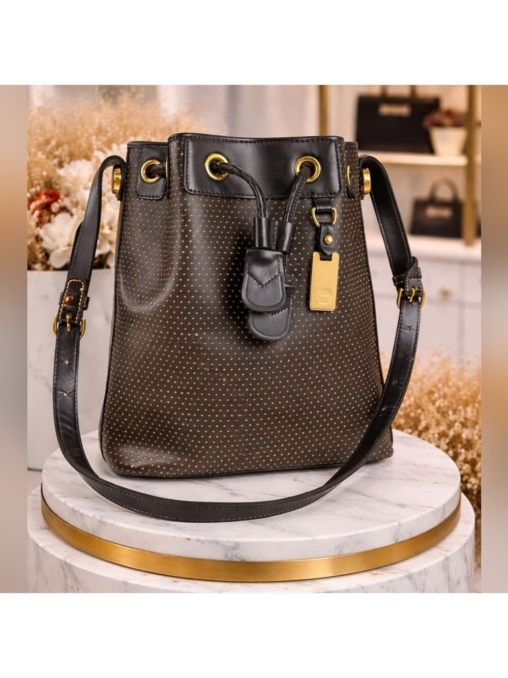 Dooney & Bourke Black Gold Vintage‎ Shoulder Bag Perforated Drawstring Saddle